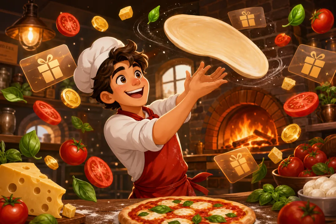 Original cartoon chef tossing pizza in a pizzeria with floating gift-card rewards